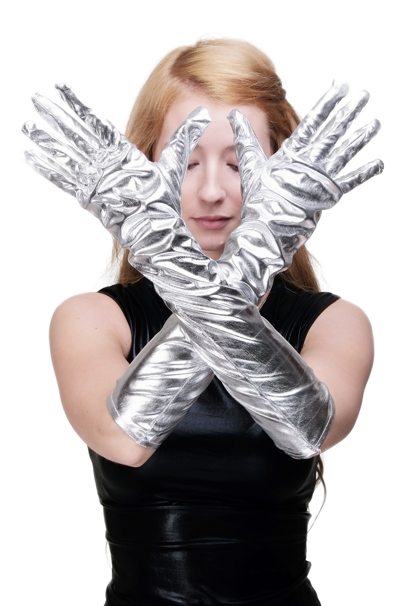 Lange Handschuhe Metall-Look Damenhandschuhe Metallic Silber Fingerhandschuhe 